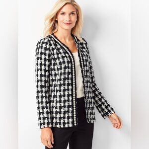 Talbots Petite Black and White Houndstooth Tweed Pearl Trimmed Blazer, Size 8P